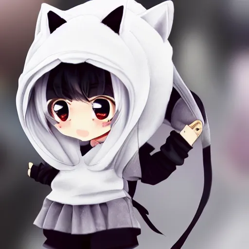 Prompt: cute fumo plush of a catgirl in a hoodie, anime girl, anime ears, chibi, black and white, vray