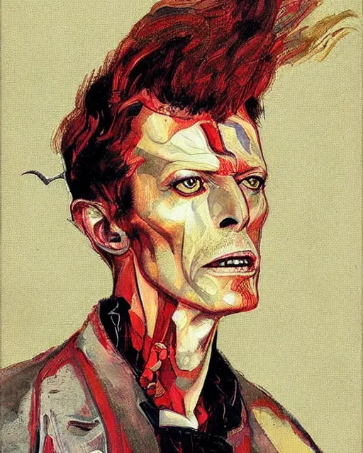 Prompt: portrait of david bowie as the devil by greg rutkowski in the style of egon schiele