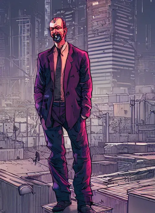 Image similar to Menacing Leon. smarmy cyberpunk politician wearing fashionable clothing. square face. Realistic Proportions. Concept art by James Gurney and Laurie Greasley. Moody Industrial skyline. ArtstationHQ. Creative character design for cyberpunk 2077.