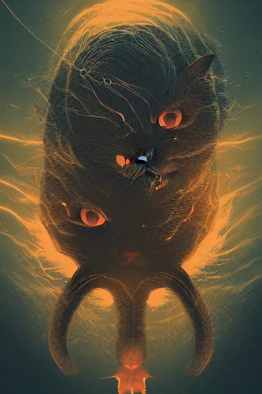 Image similar to demon cat. art by mike winkelmann, vector art, illustration, highly detailed,