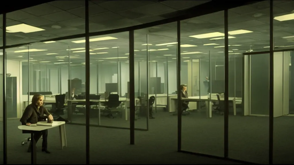 Image similar to the strange creature in the high tech office building, it is glowing, film still from the movie directed by denis villeneuve and david cronenberg with art direction by salvador dali