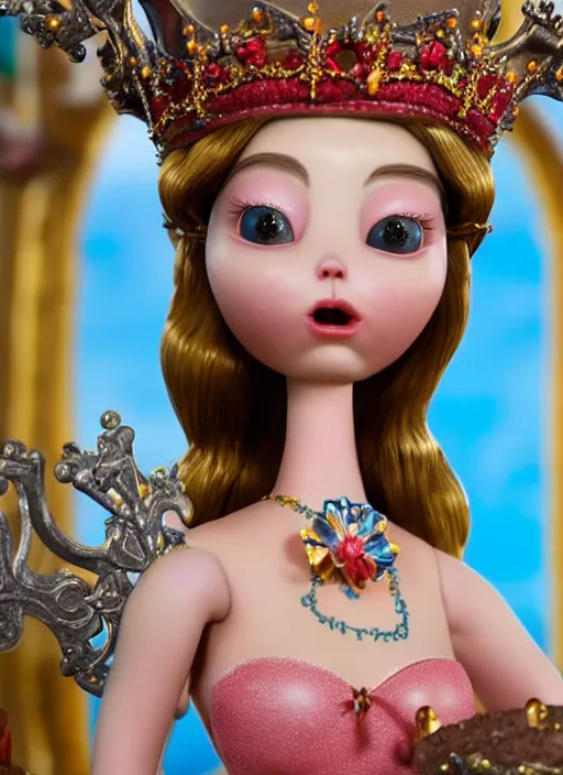 Image similar to highly detailed closeup, face profile portrait of a tin toy fairytale princess wearing a crown eating cakes, bikini, unreal engine, by nicoletta ceccoli, mark ryden, lostfish, dan decarlo, bob clampett, max fleischer, global illumination, detailed and intricate environment