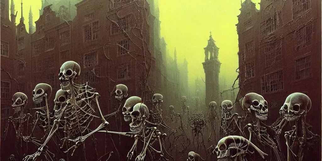 Image similar to painting of catlike creatures with surrealistic morphed skeletons roaming the streets of Amsterdam, Zdzislaw Beksinski, Wayne Barlowe, Joe Fenton, gothic, cosmic horror, biomorphic, lovecraftian, amazing details, cold hue's