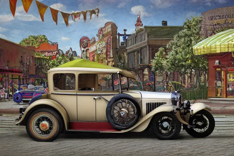 Image similar to a whimsical illustration of a 1 9 3 0 model a ford hot rod driving in a beautiful town square area of a small town, 8 k resolution, lowbrow style, storybook illustration, octane render, detailed painting, by katherine federer, anthony pafford, harry gamboa and tracy flickinger