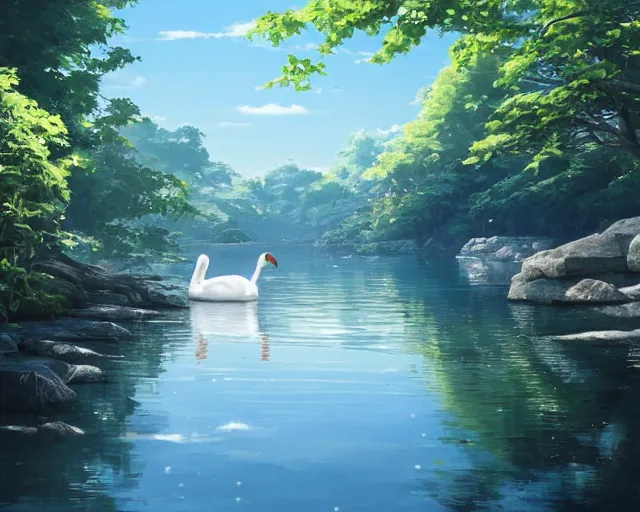 Image similar to a swan swimming in a river, ripples, reflections, blue water. Shady, trees bent over river, rocky shores. Anime, By Makoto Shinkai, Stanley Artgerm Lau, WLOP, Rossdraws, James Jean, Andrei Riabovitchev, Marc Simonetti, krenz cushart, Sakimichan, trending on ArtStation, digital art.