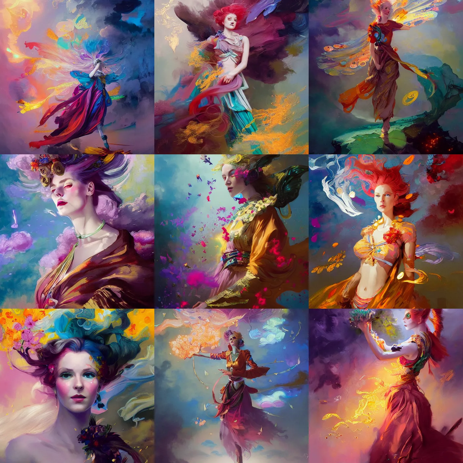 Prompt: portrait of Ewa Reis , colorful clothes, bright colors, silver filigrees, flowers, brushwork, Golden embers flying.fantasy painting by soymilk, Peter mohrbacher, Charlie Bowater, Craig Mullins, dominik mayer, John singer sargent