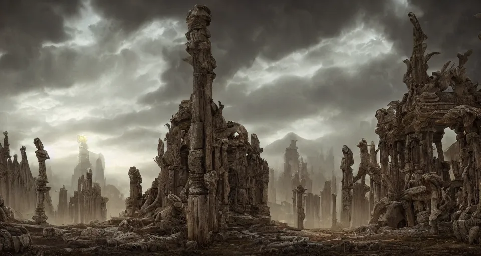 Prompt: a beautiful landscape painting, an ancient city of old bones populated by a legion of ghosts, by sam guay, moody lighting, hyperrealism, 4 k, octane render