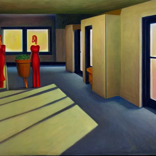 Prompt: human cloning facility, grant wood, pj crook, edward hopper, oil on canvas