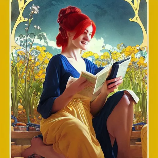 Prompt: a smiling beautiful woman with red hair in a bun wearing a yellow dress and reading a book, masterpiece, intricate, elegant, highly detailed, digital painting, artstation, concept art, smooth, sharp focus, illustration, art by artgerm and greg rutkowski and alphonse mucha and uang guangjian and gil elvgren and sachin teng, symmetry!!