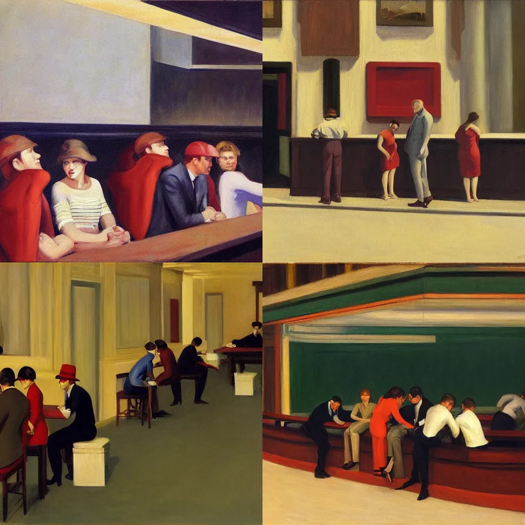 Prompt: oil painting of losers, cheaters, and users Hanging around the theaters, by edward hopper