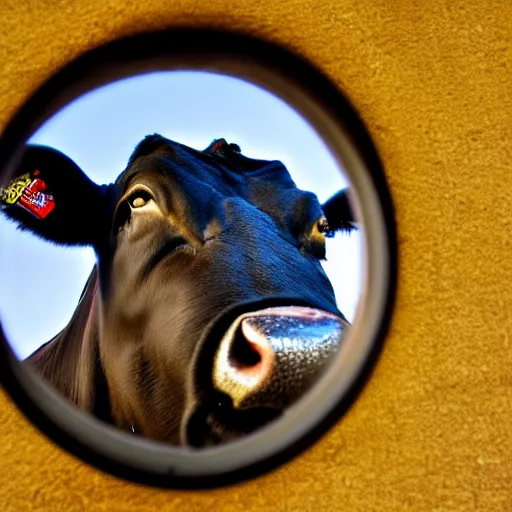 Prompt: creepy picture of cow, viewed through the peephole