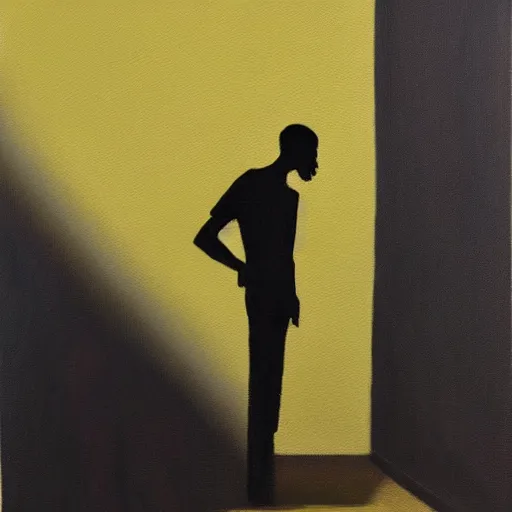 Prompt: a painting of a tall black silhouette of a person menacingly staring at a person while they sleep in their bed at night