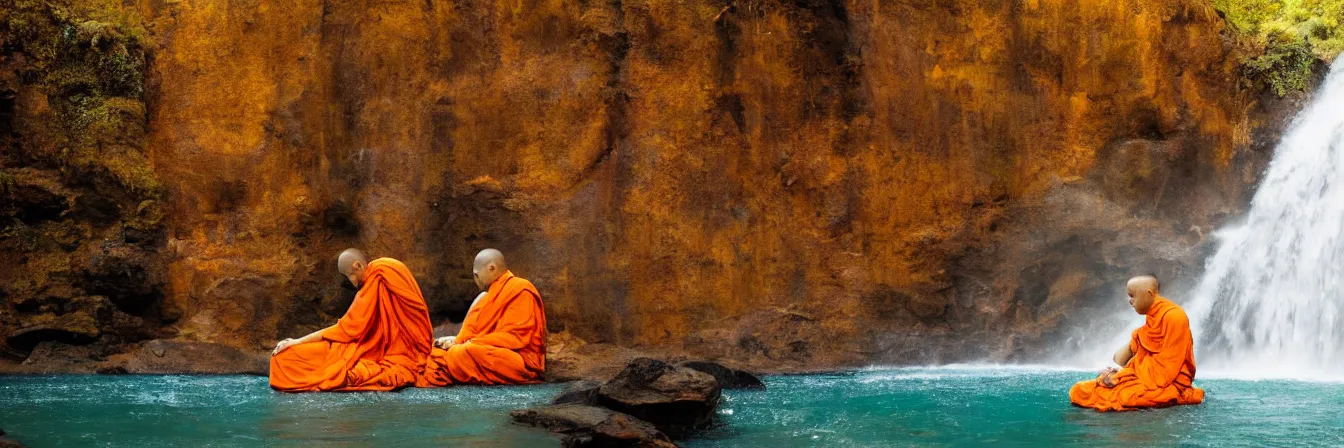 Image similar to dang ngo, annie leibovitz, steve mccurry, a simply breathtaking shot of mediating monk in orange, giantic waterfall, sunshine, golden ratio, wide shot, symmetrical