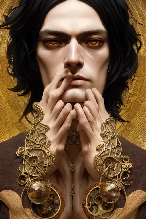 Image similar to ultra realistic, thin man in expensive stylish modern clothes, black hair, brown eyes, occult jewelry, fantasy, intricate details, eerie, highly detailed, octane render, 8 k, art by artgerm and alphonse mucha and greg rutkowski