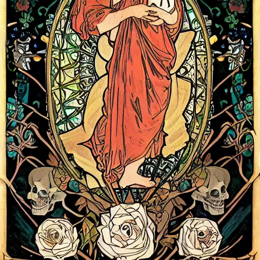 Prompt: tarot card the foolfull body portrait by william morris and alphonse mucha and stephen bliss, trending pixiv fanbox, gold inlay, skulls and roses, shiny, glow, raytracing dynamic light sources