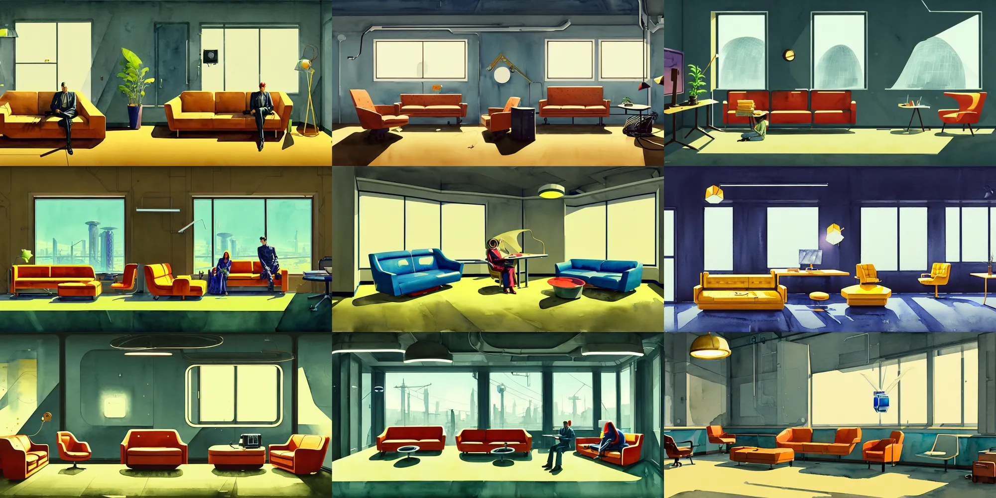 Prompt: a beautiful illustration of futuristic detective office interior, retro sofa, wallpaper, big medium small, golden ratio, in watercolor gouache detailed paintings, in style of syd mead, trending on artstation, 8 k, panel, hard surface, vent, zaha hadid, props, plant, cozy, decoration around the room, simon stalenhag, deus ex