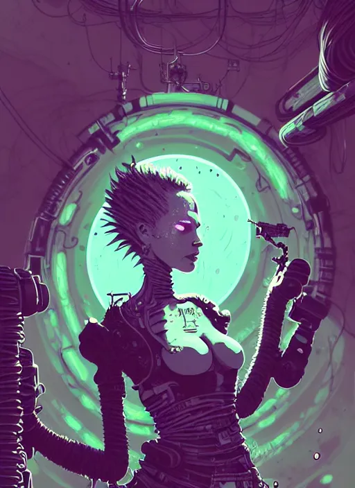 Image similar to highly detailed portrait of an moody wasteland punk long dripping green poison hair tribal lady, stray wiring by atey ghailan, james gilleard, by joe fenton, by greg rutkowski, by greg tocchini, by kaethe butcher, 4 k resolution, gradient purple, brown black and white color scheme!!! ( ( green flaming robotic sewer background ) )