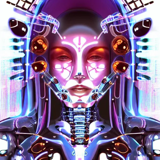 Image similar to The face of an extremely beautiful biomechanical female looking robot with Optical Sensors and large emoji tattoos, surrounded by a thin transparent force field,, extremely beautiful oppai cyberpunk, chimeric organism, pale skin, organic polycarbon, full frontal, portrait, highly detailed, symmetrical, mechanical, mendelbrot fractal, ray tracing, hyperdetailed, hyperrealistic, octane render, hdr, 8k