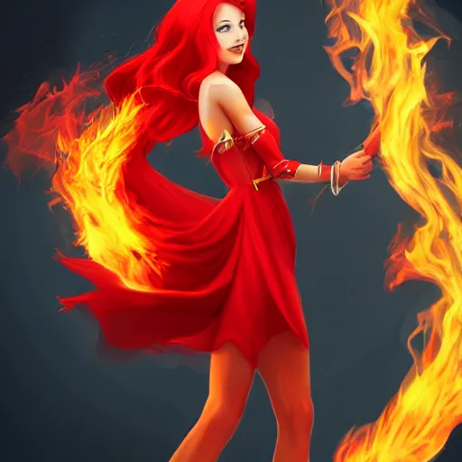 Image similar to a goddess with red hair and red dress with a fire aura, trending on artstation