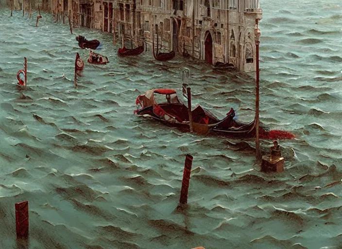 Prompt: Venice almost flooded, sea, calm, dystopic, air shot, interesting perspective, painted by Marc Simonetti