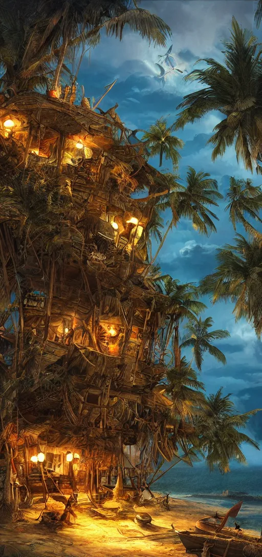 Prompt: secret tropical pirate island and shanty town, dramatic lighting, cinematic, establishing shot, extremely high detail, foto realistic, cinematic lighting, pen and ink, intricate line drawings, post processed, concept art, artstation, matte painting, style by Steven Spielberg, Peter Jackson, art germ