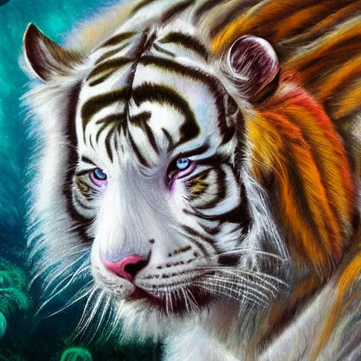 Prompt: beautiful white tiger with long flowing fur and mane and tail made of peacock feathers detailed painting in the style of josephine wall 4 k