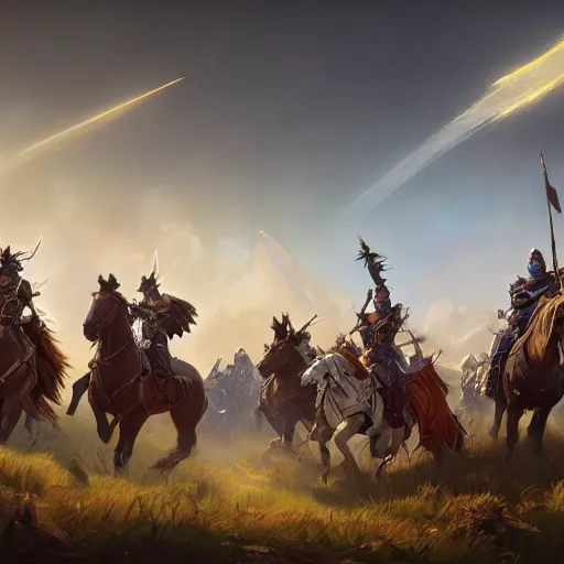 Prompt: a band of glorious paladins mounted atop of powerful horses, feeling of a terrible battle, james gurney, artstation, greg rutkowski, highly detailed, 8 k post - processing, 8 k resolution beautifully detailed landscape trending on artstation, unreal engine, octane render, cinematic lighting, action shot, action pose