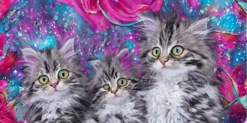 Image similar to a ( ( main coon kitten ) ) little mermaid themed shower curtain, shower curtain product photography. digital art. 4 k, highly detailed. saturated.