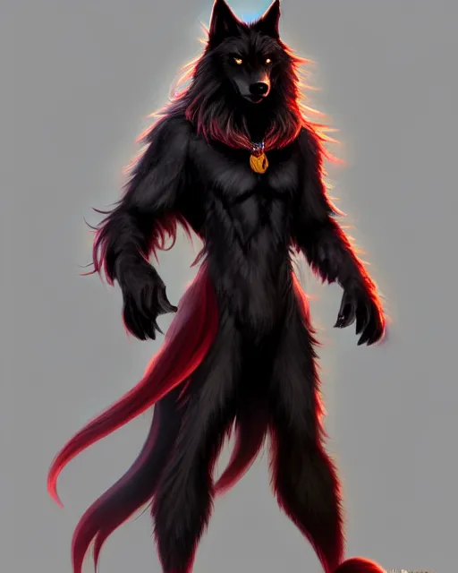 Image similar to character concept art of a black anthropomorphic furry male wolf with long red hair | | cute - fine - face, pretty face, key visual, realistic shaded perfect face, fine details by stanley artgerm lau, wlop, rossdraws, james jean, andrei riabovitchev, marc simonetti, and sakimichan, trending on artstation