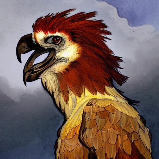 Prompt: a side portrait of a red bearded vulture, award winning, in the style of greg rutkowski and alphonse mucha, a fantasy gryphon