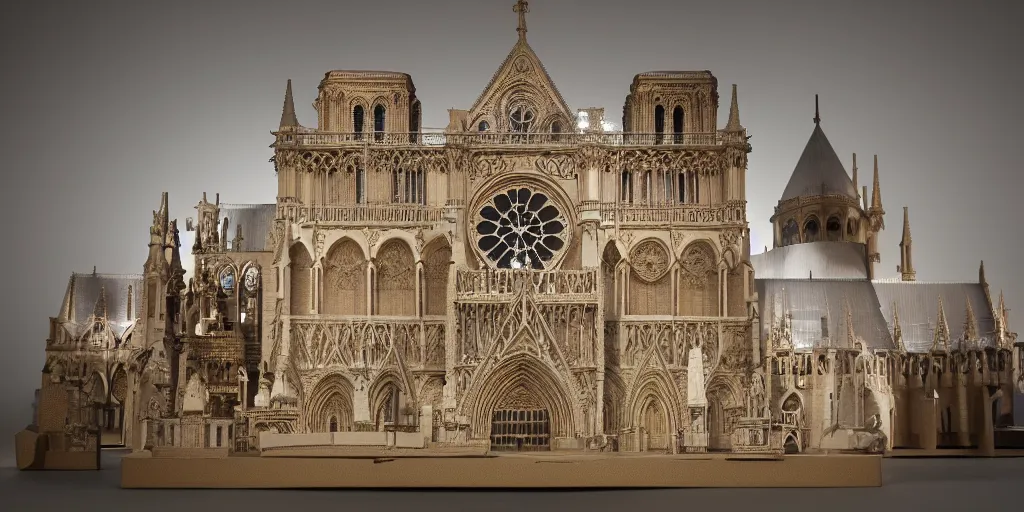 Image similar to paper model of the Notre Dame, hyperrealistic, illuminated, very fine details, ornaments, fractal struktures, studio light, 8K, product photo, spotlight, dark background