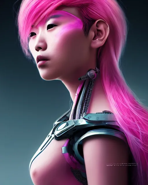 Image similar to portrait of a beautiful asian woman with pink hair as a cyberpunk cyborg half robot, sci - fi, missing panels, intricate abstract upper body intricate artwork, concept art, octane render, deviantart, cinematic, key art, hyperrealism, iridescent accents, portrait photograph, nikon 3 5 mm, photograph by greg rutkowski