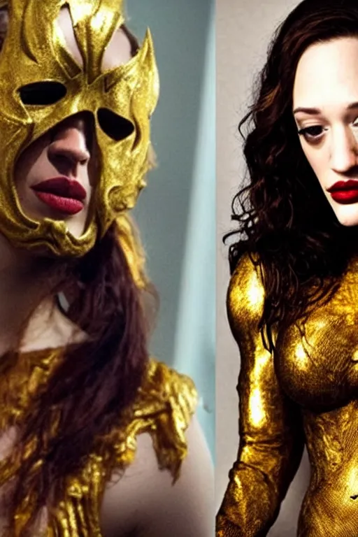 Image similar to Kat Dennings wearing golden mask, hair like fire, muscular, in dark soul