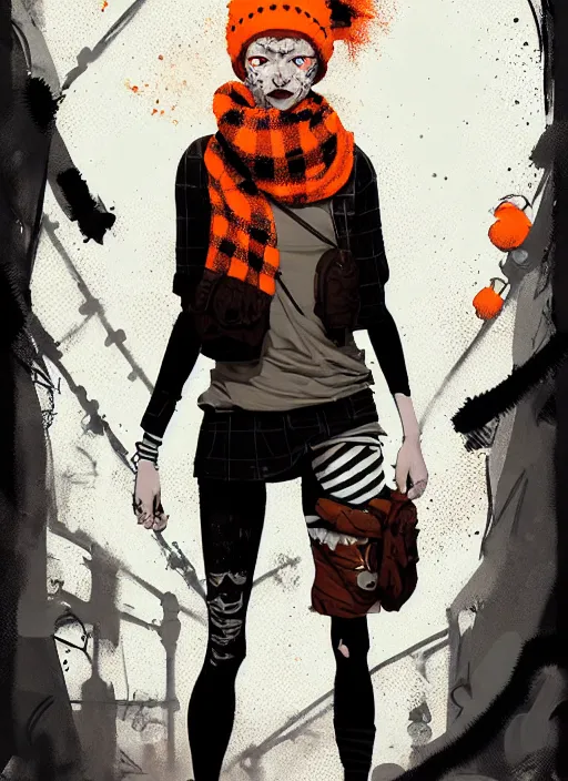 Prompt: highly detailed portrait of a sewer punk lady student, freckles, beanie, tartan scarf, ginger hair by atey ghailan, by greg rutkowski, by greg tocchini, by james gilleard, by joe fenton, by kaethe butcher, gradient, orange, black, brown and cream color scheme, grunge aesthetic!!! white graffiti tag wall background