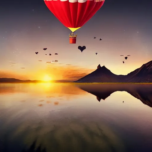 Image similar to photo of two black swans swimming in a beautiful reflective mountain lake, touching heads, forming a heart with their necks, a colorful hot air balloon is flying above the swans, hot air balloon, intricate, 8k highly professionally detailed, HDR, CGsociety