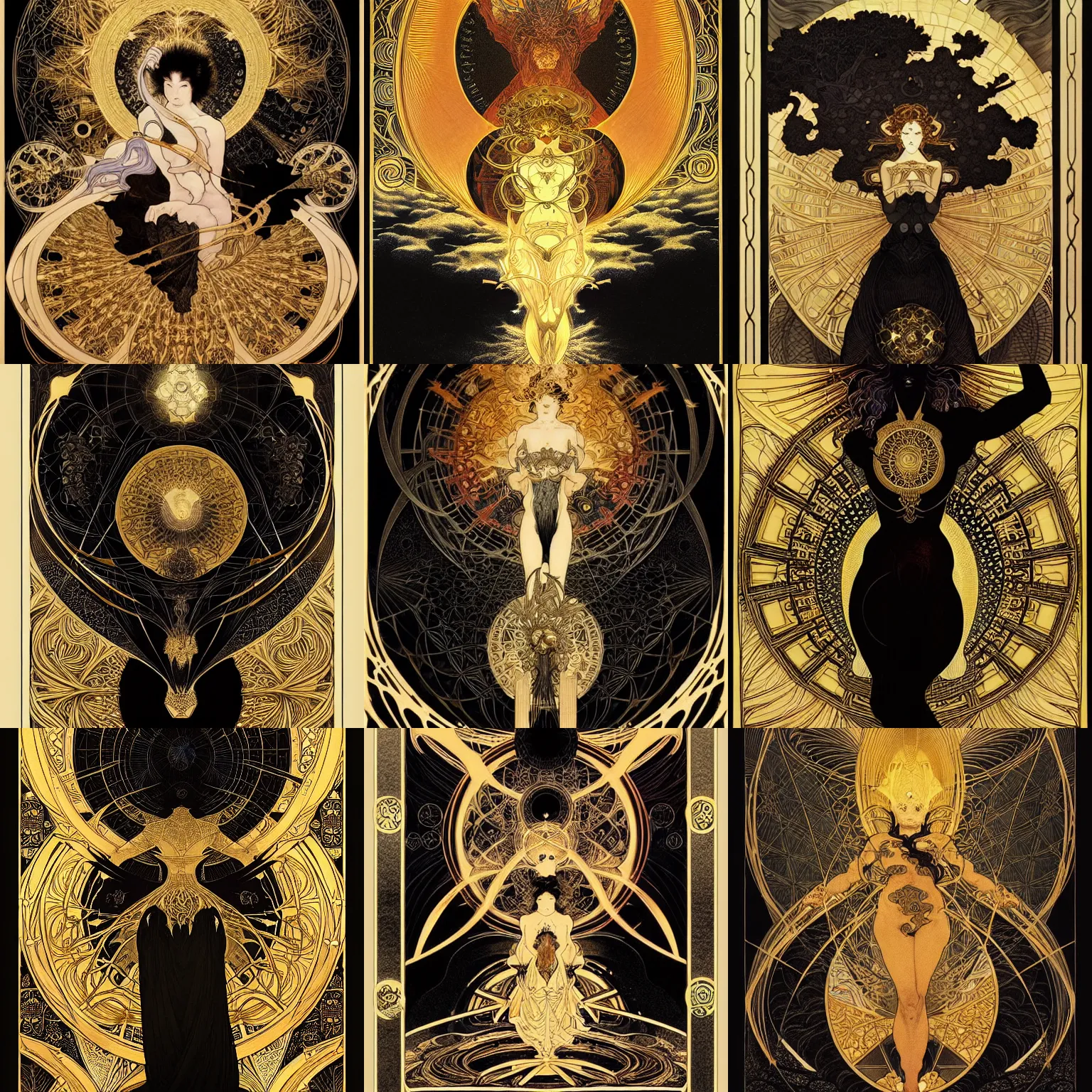 Prompt: the invention of light and fire, black tones, gold tarot card by hokusai, alphonse mucha, james gurney, peter mohrbacher, marc simonetti, mike mignola, black paper with detailed line work, mandelbulb fractal, exquisite detail perfect symmetrical, hyper detailed, intricate ink illustration, golden ratio