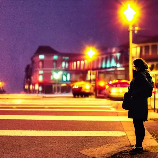 Prompt: a woman waiting for the bus at a lonely street at night, the street light is the only light on the street, lonely atmosphere, empty city, in the style of Edward Hopper, 4k,