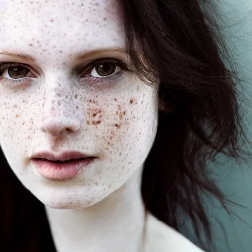 Prompt: Beautiful Scottish dark haired woman, pale skin, freckles, coy, anima