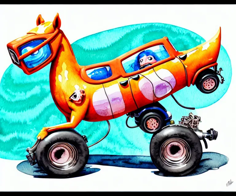 Image similar to cute and funny, horse wearing goggles driving a tiny hot rod with an oversized engine, ratfink style by ed roth, centered award winning watercolor pen illustration, isometric illustration by chihiro iwasaki, edited by craola, tiny details by artgerm and watercolor girl, symmetrically isometrically centered