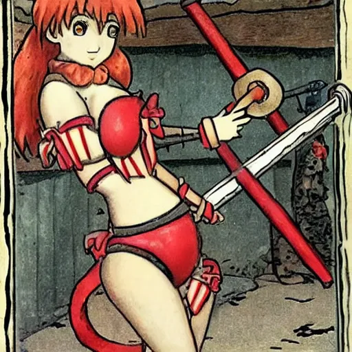Prompt: 1 5 th century ronald mcdonald siege weapons with pretty anime girl in bikini