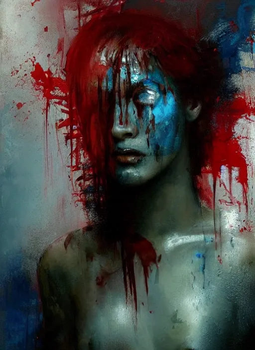 Image similar to painting of a beautiful goddess with blue hair, unclothed, soaked in blood, her beating heart exposed, she stares directly at the viewer, by Jeremy Mann, stylized, detailed, realistic, grim, dark tones, intimate, loose brush strokes