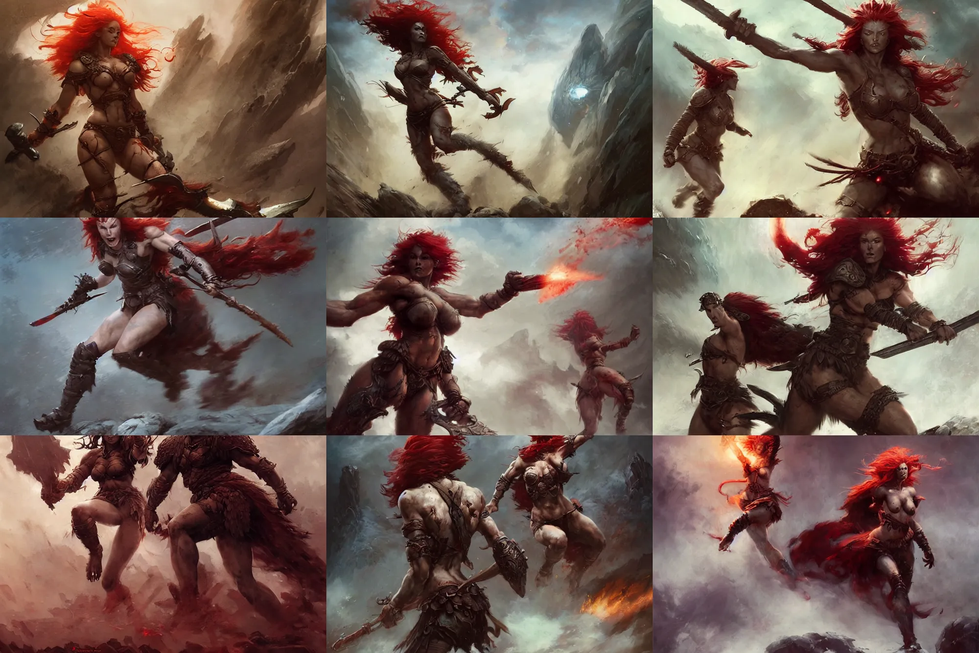 Prompt: A very beautiful red-haired berserker woman, running into battle by Frank Frazetta, Greg Rutkowski, Boris Vallejo, epic fantasy character art, goddess of war, Exquisite detail, post-processing, low angle, masterpiece, cinematic