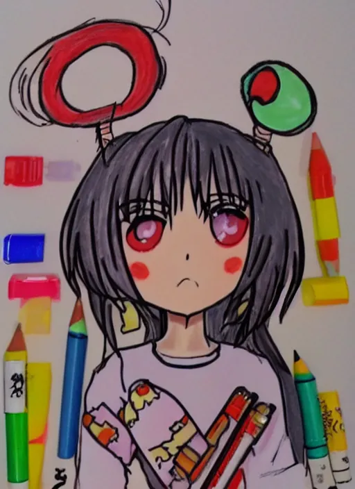 Image similar to very poorly drawn anime girl, cute outfit, posing, crayon art, very silly looking, very anime