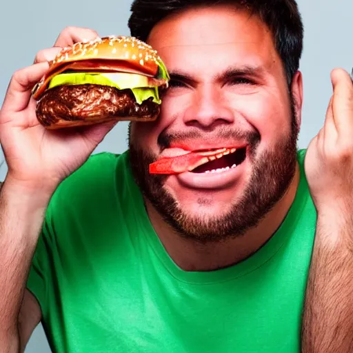 Image similar to man taking a big bite out of a juicy hamburger