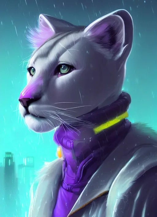 Image similar to award winning beautiful portrait commission of a male furry anthro albino mountain lion fursona with a tail and a cute beautiful attractive detailed furry face wearing stylish cyberpunk clothes in a cyberpunk city at night while it rains. Purple and Yellow. Character design by charlie bowater, ross tran, artgerm, and makoto shinkai, detailed, inked, western comic book art