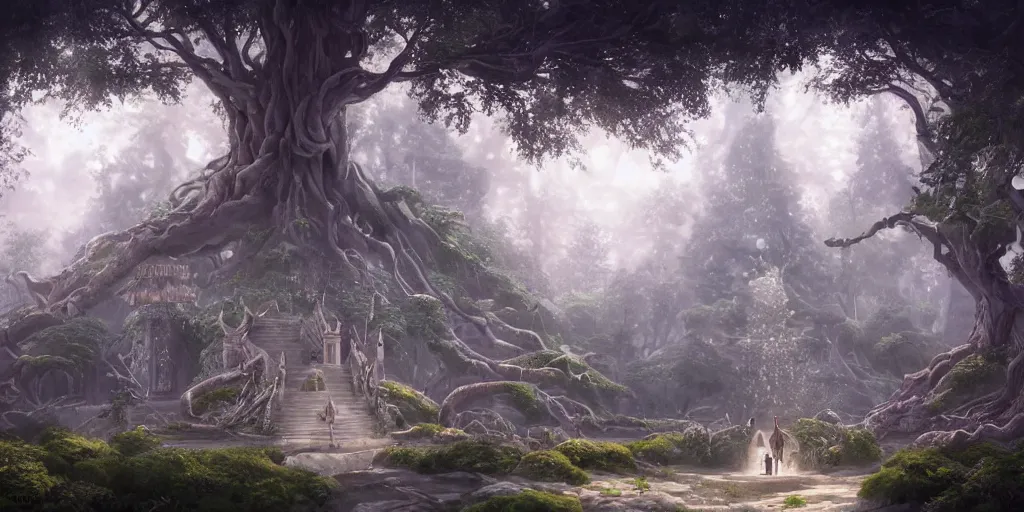 Image similar to An elven temple made from white wood built into a gigantic tree, cinematic angle, beautiful, studio Ghibli, magical, cinematic lighting, detailed realism painting, hyperrealistic, 8k