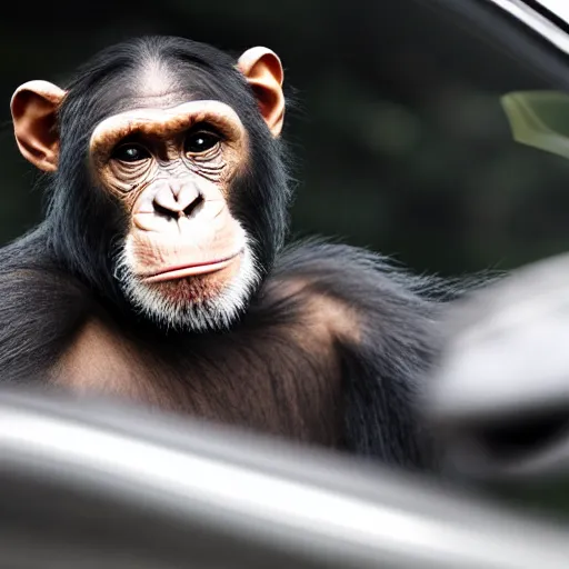 Image similar to a chimpanzee in a racing suit sitting in a porsche cabrio, photography, commercial photo