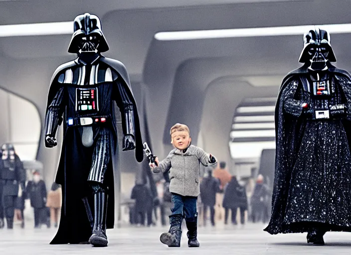 Image similar to film still of Darth Vader goes to the mall at Christmas time in the new Star Wars movie, 4k