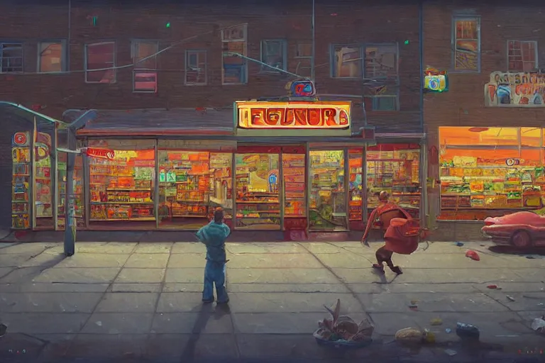 Image similar to a painting of a store with a lot of food, a photorealistic painting by Simon Stålenhag, featured on cgsociety, photorealism, 2d game art, hyper-realistic, hyper realism