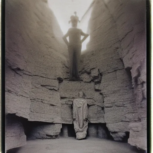 Prompt: tiny people in front of a massive statue inside of a huge mine, dark, old polaroid, expired film, surreal, megalophobia,